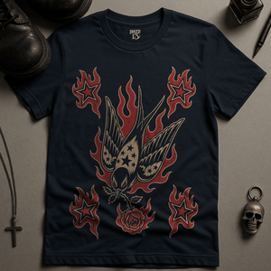 Fiery Swallow Tattoo T-Shirt - Navy - S - Inked 13 Ltd Unisex alternative tattoo apparel