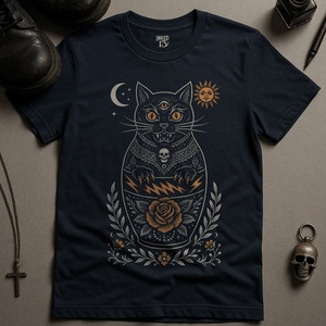 Gothic Cat Doll T-Shirt - Navy - S - Inked 13 Ltd