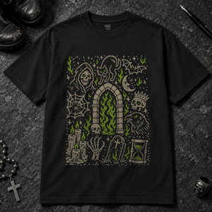 Gothic Doodle Art Scene T-shirt - Black - S - Inked 13 - Unisex alternative tattoo apparel.