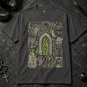 Gothic Doodle Art Scene T-shirt - Graphite - S - Inked 13 - Unisex alternative tattoo apparel.