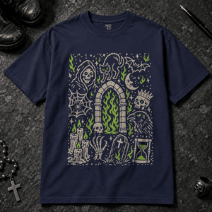 Gothic Doodle Art Scene T-shirt - True Navy - S - Inked 13 - Unisex alternative tattoo apparel.