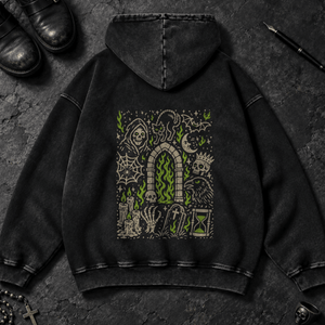 Gothic Doodle Scene Washed Hoodie - Black Beauty - S - Inked 13 - Unisex alternative tattoo apparel.
