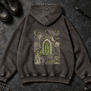 Gothic Doodle Scene Washed Hoodie - Dark Gray - S - Inked 13 Ltd Unisex alternative tattoo apparel