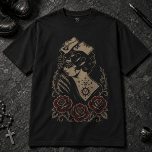 Gothic Masquerade Woman T-shirt - Black - S - Inked 13 - Unisex alternative tattoo apparel.