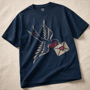 Gothic Swallow Letter Heavyweight T-shirt - True Navy - S - Inked 13 Ltd Unisex alternative tattoo apparel