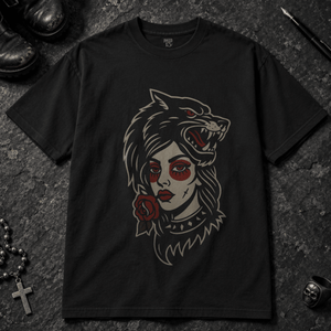 Gothic Wolf Woman T-shirt - Black - S - Inked 13 - Unisex alternative tattoo apparel.
