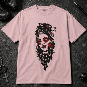 Gothic Wolf Woman T-shirt - Blossom - S - Inked 13 - Unisex alternative tattoo apparel.
