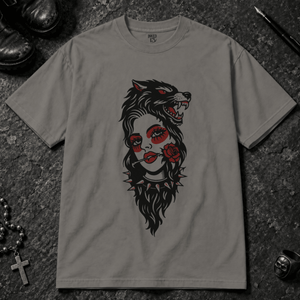 Gothic Wolf Woman T-shirt - Grey - S - Inked 13 - Unisex alternative tattoo apparel.