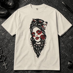 Gothic Wolf Woman T-shirt - Ivory - S - Inked 13 - Unisex alternative tattoo apparel.