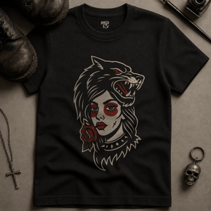Gothic Wolf Woman T-shirt (New Style) - Black - S - Inked 13 Ltd Unisex alternative tattoo apparel