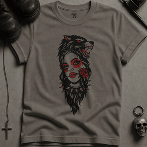 Gothic Wolf Woman T-shirt (New Style) - Grey - S - Inked 13 Ltd Unisex alternative tattoo apparel