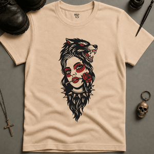 Gothic Wolf Woman T-shirt (New Style) - Ivory - S - Inked 13 Ltd Unisex alternative tattoo apparel