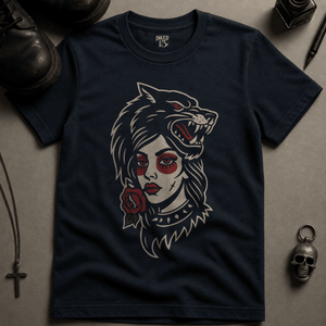 Gothic Wolf Woman T-shirt (New Style) - True Navy - S - Inked 13 Ltd Unisex alternative tattoo apparel