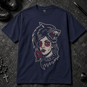 Gothic Wolf Woman T-shirt - True Navy - S - Inked 13 - Unisex alternative tattoo apparel.