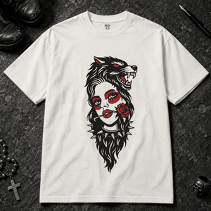 Gothic Wolf Woman T-shirt - White - S - Inked 13 - Unisex alternative tattoo apparel.