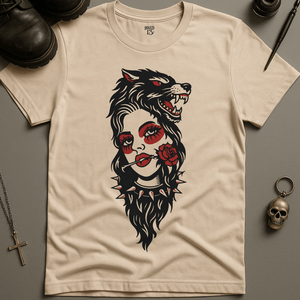 Gothic Woman Wolf T-Shirt - Natural - S - Inked 13 Ltd