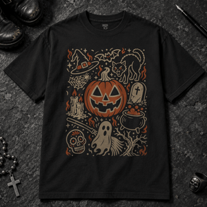 Halloween Doodle Art Scene T-shirt - Black - S - Inked 13 - Unisex alternative tattoo apparel.