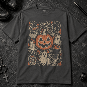 Halloween Doodle Art Scene T-shirt - Graphite - S - Inked 13 - Unisex alternative tattoo apparel.