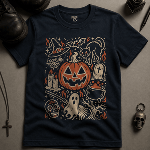 Halloween Doodle Art Scene T-shirt - True Navy - S - Inked 13 Ltd Unisex alternative tattoo apparel