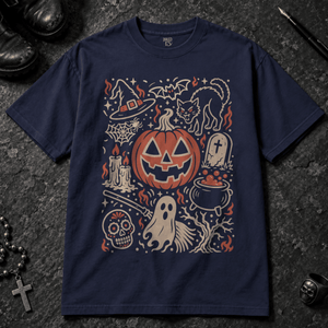 Halloween Doodle Art Scene T-shirt - True Navy - S - Inked 13 - Unisex alternative tattoo apparel.