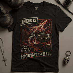 Highway To Hell I13 T-Shirt - Black - S - Inked 13 Ltd Unisex alternative tattoo apparel