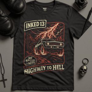 Highway To Hell I13 T-Shirt - Dark Grey - S - Inked 13 Ltd Unisex alternative tattoo apparel