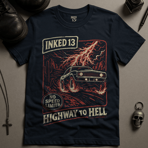Highway To Hell I13 T-Shirt - Navy - S - Inked 13 Ltd Unisex alternative tattoo apparel