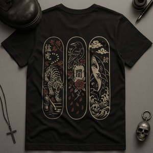 Japanese Animals Skateboard T-Shirt - Black - S - Inked 13 Ltd