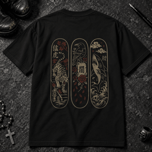 Japanese Animals Skateboard T-shirt - Black - S - Inked 13 - Unisex alternative tattoo apparel.