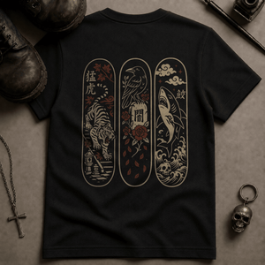Japanese Animals Skateboard T-shirt (New Style) - Black - S - Inked 13 Ltd Unisex alternative tattoo apparel