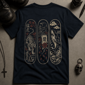 Japanese Animals Skateboard T-shirt (New Style) - True Navy - S - Inked 13 Ltd Unisex alternative tattoo apparel