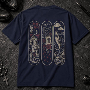 Japanese Animals Skateboard T-shirt - True Navy - S - Inked 13 - Unisex alternative tattoo apparel.