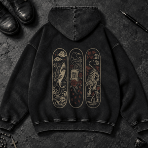 Japanese Animals Skateboard Washed Hoodie - Black Beauty - S - Inked 13 Ltd Unisex alternative tattoo apparel