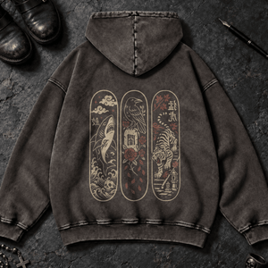 Japanese Animals Skateboard Washed Hoodie - Dark Gray - S - Inked 13 - Unisex alternative tattoo apparel.
