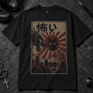 Japanese Cat Scary Poster T-Shirt - Black - S - Inked 13 - Unisex alternative tattoo apparel.