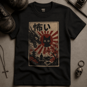 Japanese Cat Scary Poster T-Shirt (New Style) - Black - S - Inked 13 Ltd Unisex alternative tattoo apparel