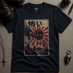 Japanese Cat Scary Poster T-Shirt (New Style) - True Navy - S - Inked 13 Ltd Unisex alternative tattoo apparel