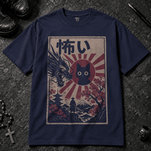 Japanese Cat Scary Poster T-Shirt - True Navy - S - Inked 13 - Unisex alternative tattoo apparel.