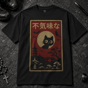 Japanese Cat Spooky T-shirt - Black - S - Inked 13 - Unisex alternative tattoo apparel.