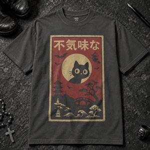 Japanese Cat Spooky T-shirt - Graphite - S - Inked 13 - Unisex alternative tattoo apparel.
