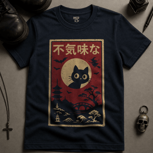 Japanese Cat Spooky T-shirt (New Style) - True Navy - S - Inked 13 Ltd Unisex alternative tattoo apparel