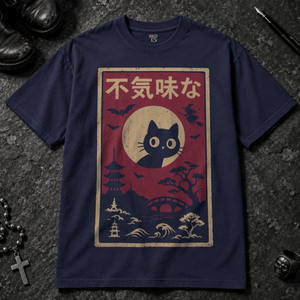 Japanese Cat Spooky T-shirt - True Navy - S - Inked 13 - Unisex alternative tattoo apparel.