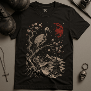 Japanese Crane Moon T-Shirt - Black - S - Inked 13 Ltd Unisex alternative tattoo apparel