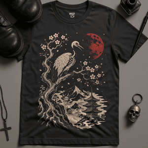 Japanese Crane Moon T-Shirt - Dark Grey - S - Inked 13 Ltd Unisex alternative tattoo apparel