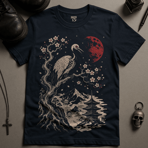 Japanese Crane Moon T-Shirt - Navy - S - Inked 13 Ltd Unisex alternative tattoo apparel