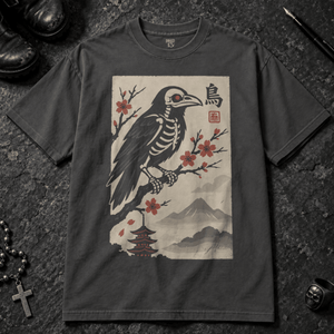 Japanese Crow T-shirt - Graphite - S - Inked 13 - Unisex alternative tattoo apparel.