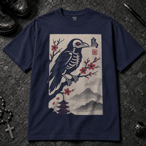 Japanese Crow T-shirt - True Navy - S - Inked 13 - Unisex alternative tattoo apparel.