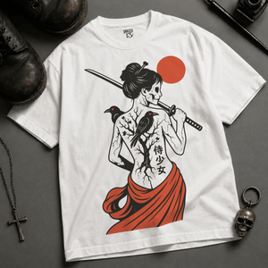 Japanese Gothic Samurai Heavyweight T-shirt - White - M - Inked 13 Ltd Unisex alternative tattoo apparel