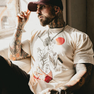 Japanese Gothic Samurai T-shirt - White - S - Inked 13 - Unisex alternative tattoo apparel.