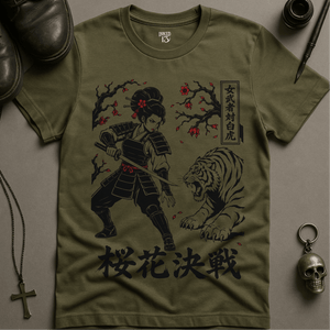 Japanese Samurai Tiger Blossoms T-Shirt - Military Green - S - Inked 13 Ltd Unisex alternative tattoo apparel